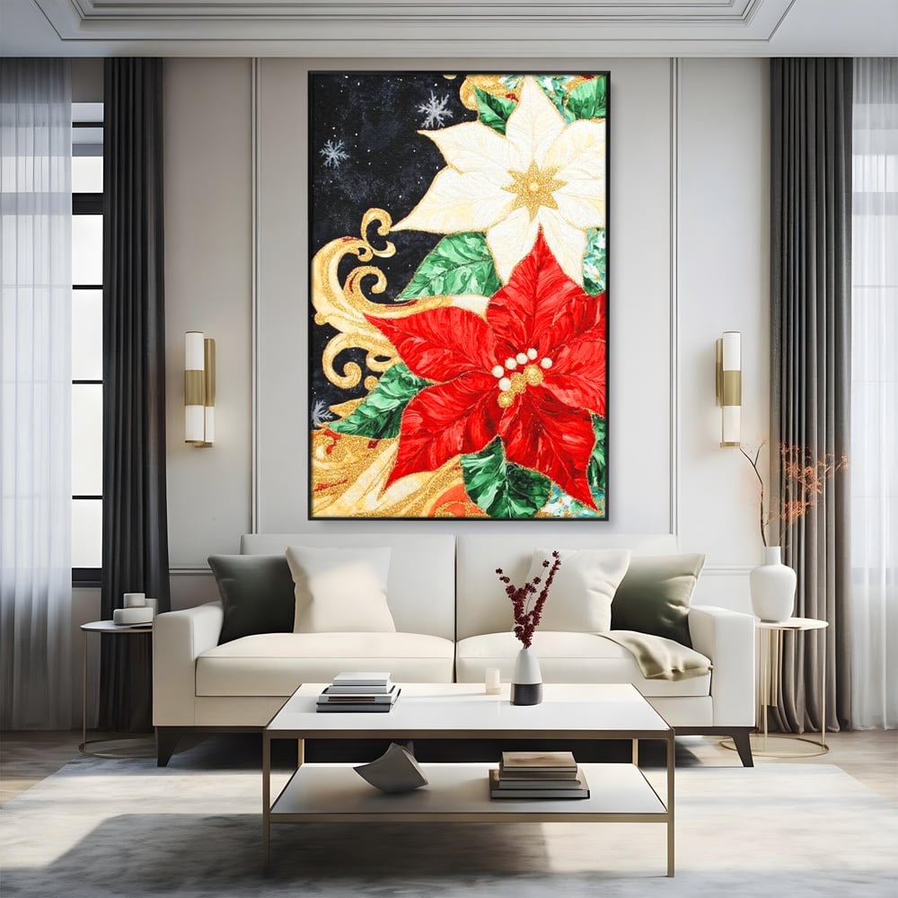 Tablou canvas cu tablou canvas cu craciunite rosii si albe, in rama de aluminiu negru, pe perete intr-un living